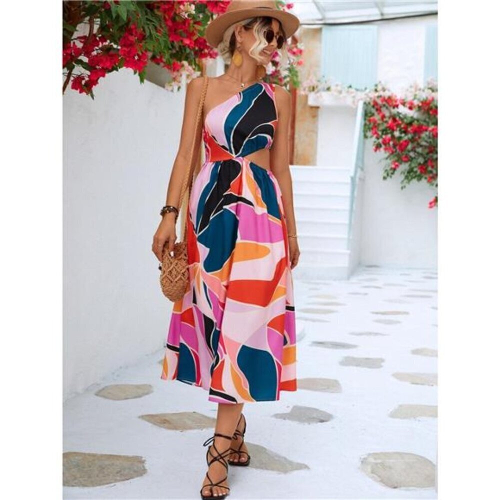 Printed Cutout One-Shoulder Sleeveless Dress